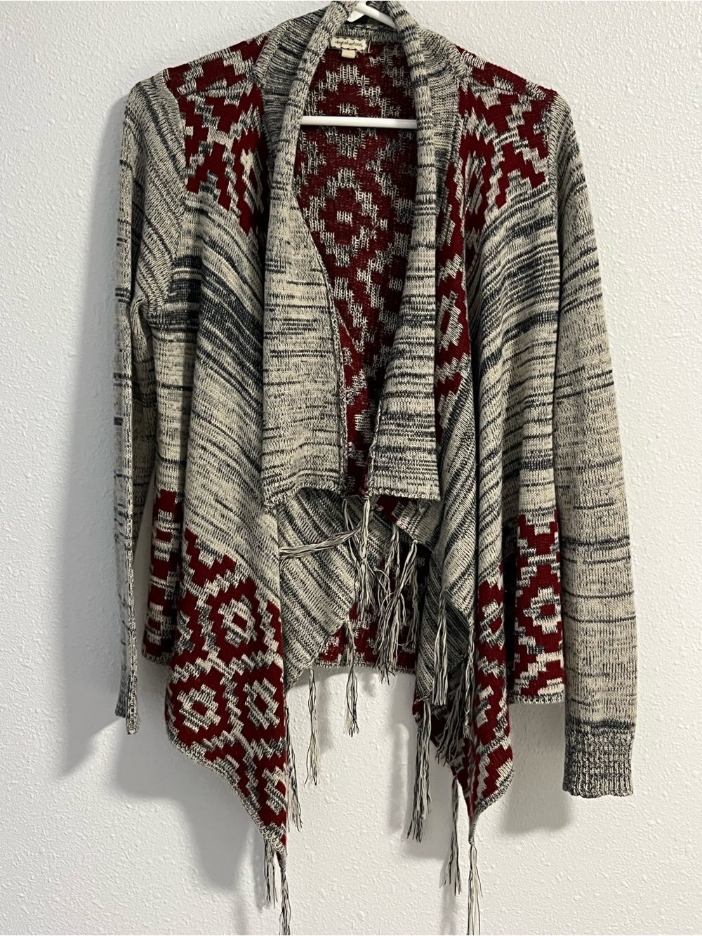 Eyeshadow Open-Front Fringe Cardigan Sweater - Cream & Burgundy Size Large